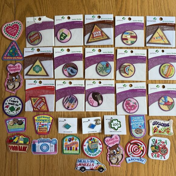 Girl Scout Badges Most New Iron On & Pins Lot Of 34 Junior Cadette Brownies GS - Picture 1 of 11